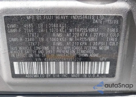 2010 Subaru Outback 2.5I Premium from USA, damaged, VIN 4S4BRCGC0A1351028